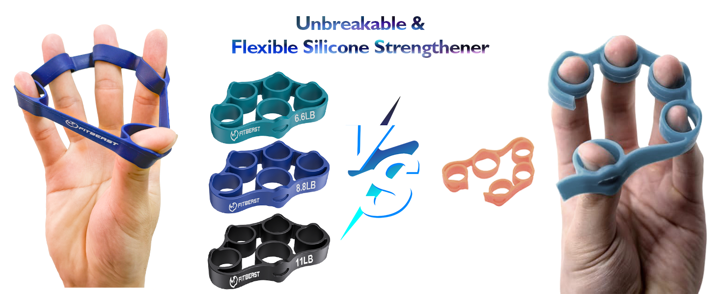 Collection of blue and black finger grip strengtheners and hand exercise equipment shown from multiple angles with demonstration of usage.