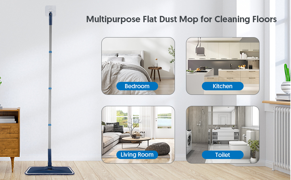 Multipurpose flat dust mop with blue handle shown with four room application images: bedroom, kitchen, living room, and toilet.