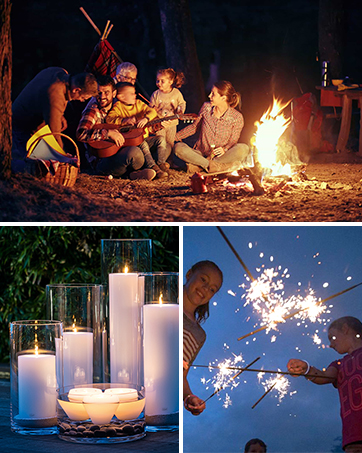 a collage of people sitting around a campfire with candles around them.