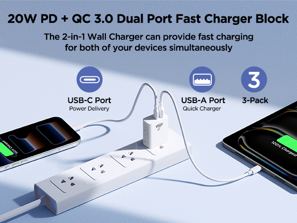 20w dual port usb a and usbc wall charger block