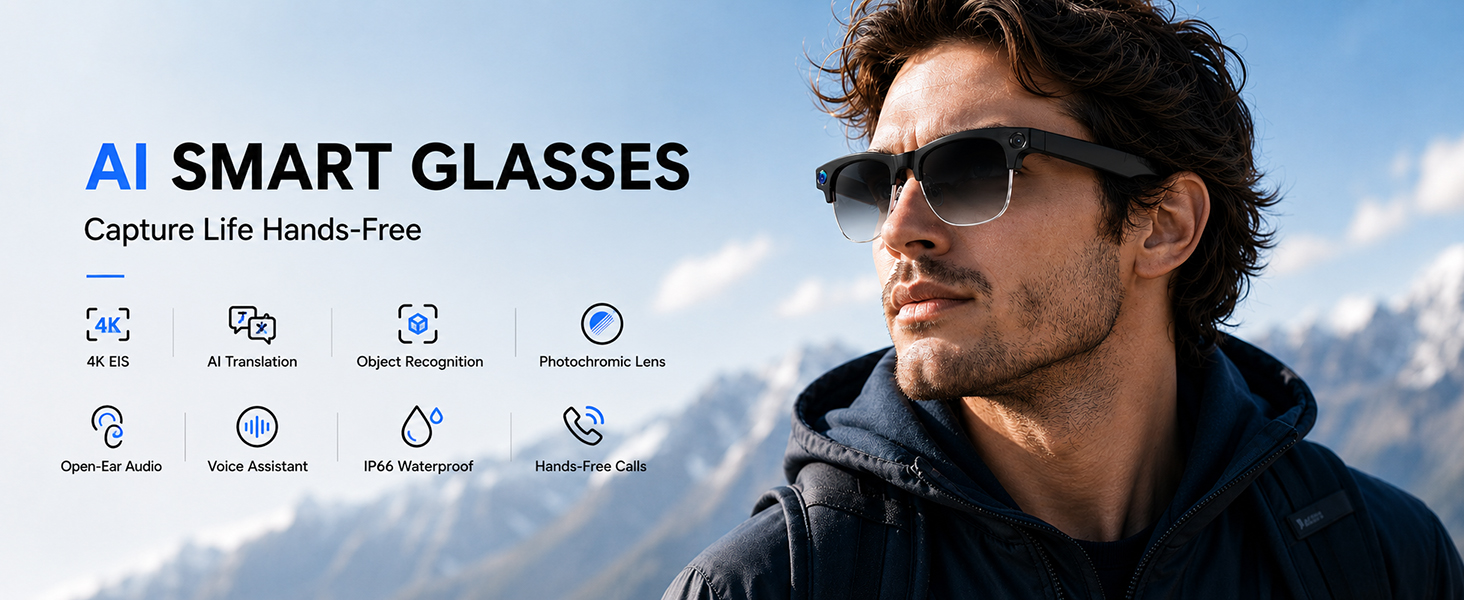 AI smart glasses with camera for hands-free recording, AI translation, open-ear audio and daily use.