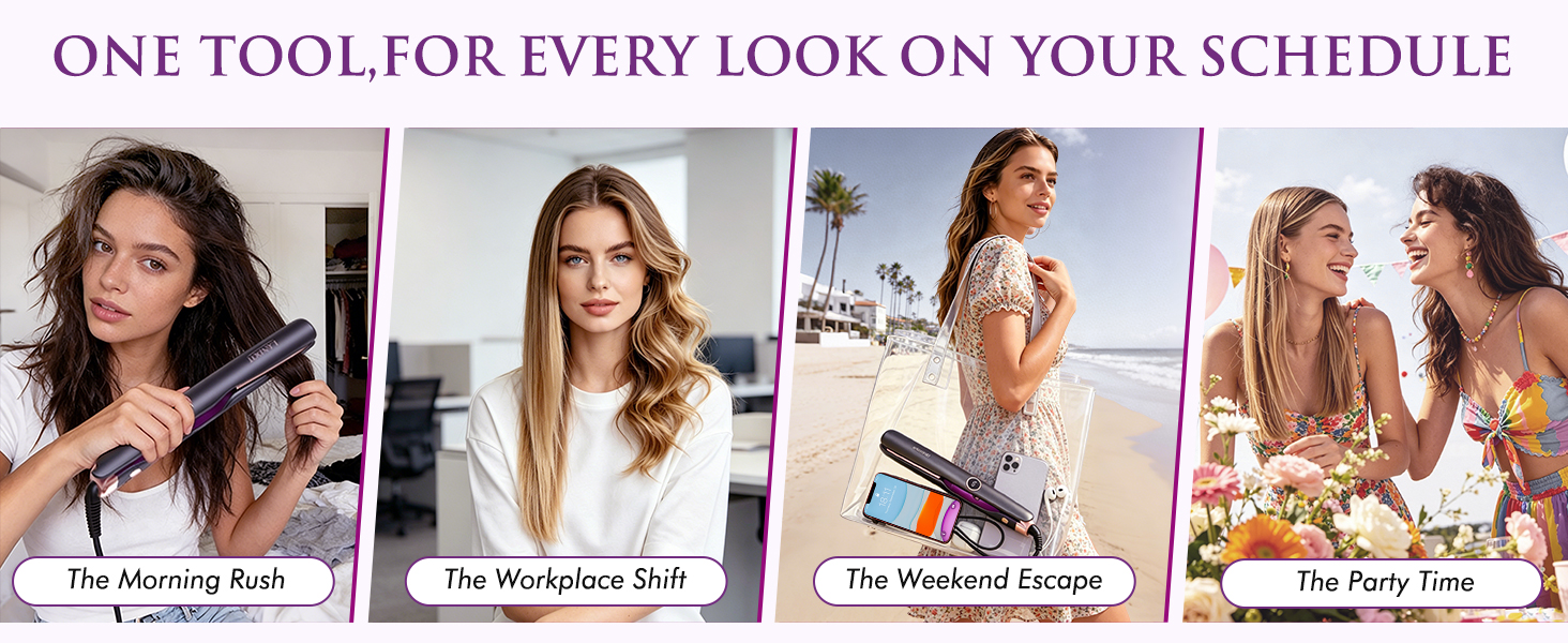 Series of lifestyle photos showing hair styling tool being used in different settings and styles.
