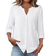 Zeagoo Button Down Shirts for Women 3/4 Sleeve Linen Cotton V Neck Tops Dressy Casual Loose Work ...