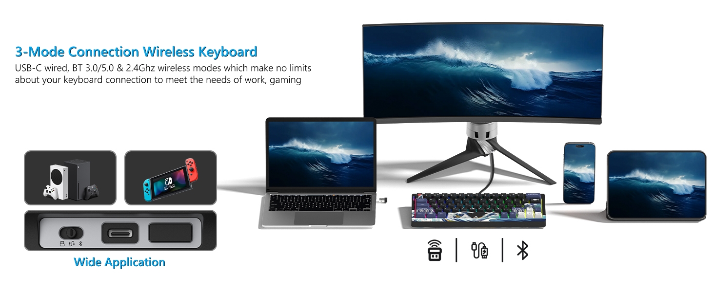 60% Percent Keyboard Wireless with QMK/VIA, Gaming Keyboard Kanagawa, Creamy Keyboard black