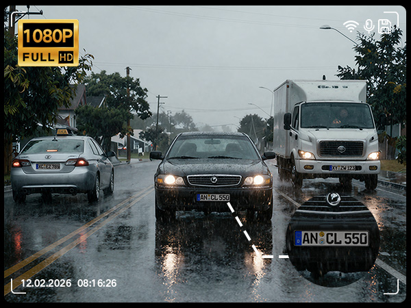 Text shows '1080P', 'FULL HD', '12.03.2020 08:16:25'. Dashcam footage showing multiple vehicles on wet road conditions.