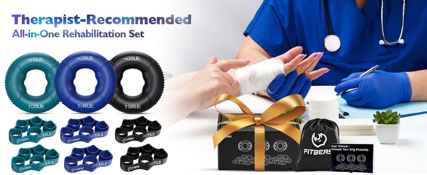 TheAspire-Recommended fitness resistance bands set showing multiple colored bands in blue, black, and teal, with accompanying accessories and storage bag.