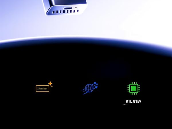 Abstract gradient background in dark blue tones with illuminated interface elements and status indicators showing different lighting modes.