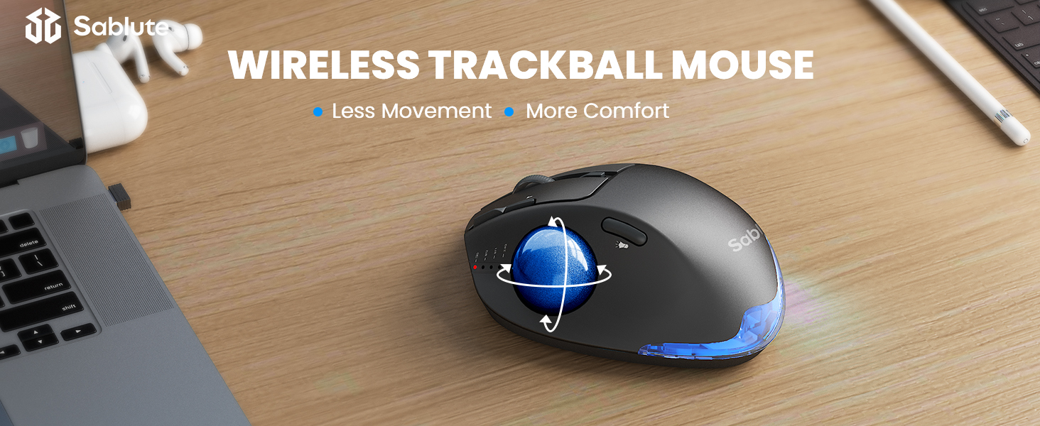 Wireless Trackball Mouse, Ergonomic Bluetooth Rechargeable Computer Mouse-Blue Ball