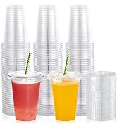 [200 PACK] 10 oz Clear Plastic Cups With Flat Lids, Disposable Drinking Cups, 10 oz Plastic Cups ...