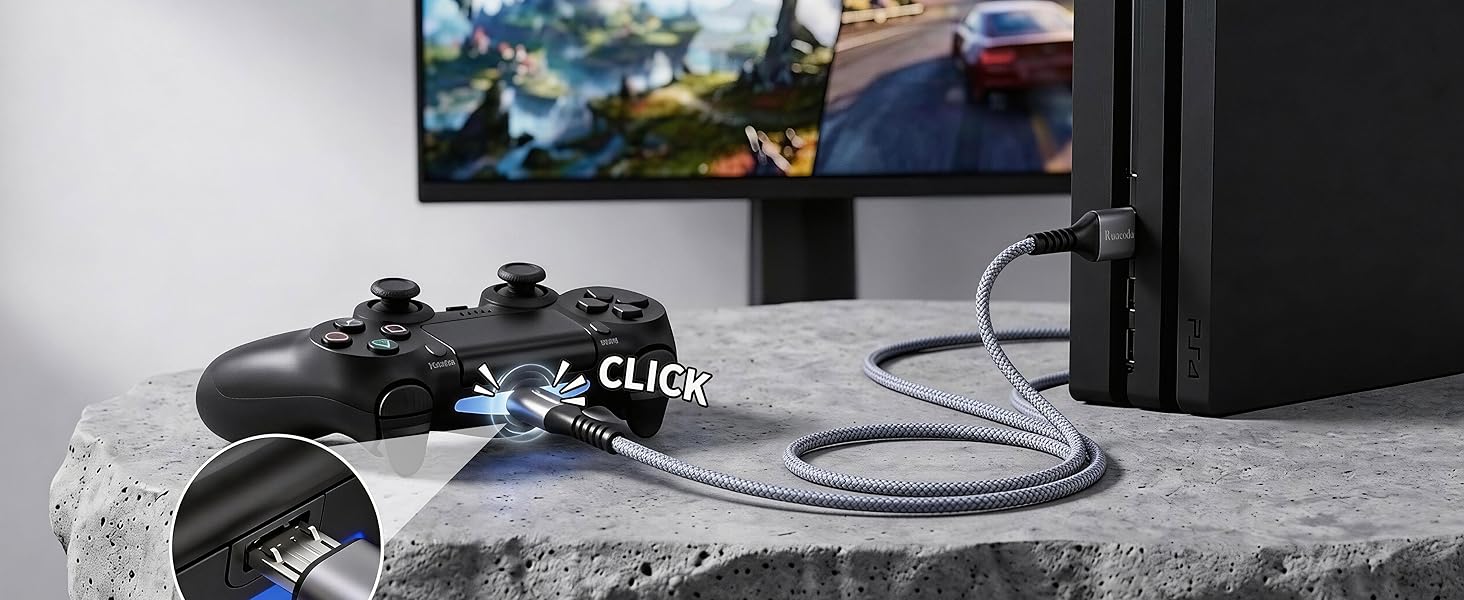 6ft micro usb cable with secure click lock connection fast charging a PS4 controller