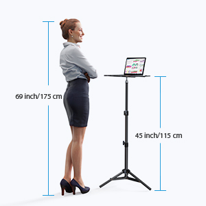 Adjustable laptop stand with height measurements: 69 inch/175 cm person, 45 inch/115 cm stand height. Woman demonstrating use.