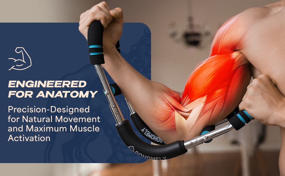 Close-up of man using power twister arm trainer with anatomical muscle highlight