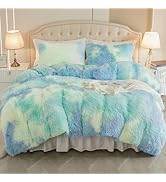 EMME Luxury Blue Fuzzy Duvet Cover Set Queen Size Fluffy Comforter Cover Set for Queen Bed Shaggy...