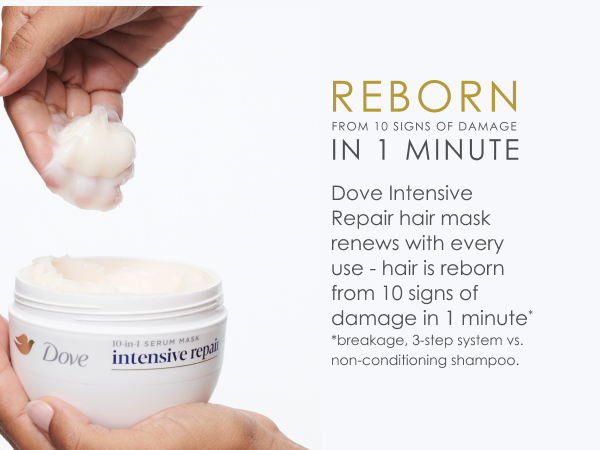Hand taking cream from Dove's pot, next to text about Dove Intensive Repair mask.