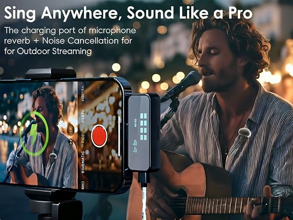 Wireless phone mic with noise cancellation and reverb for outdoor singing and live streaming