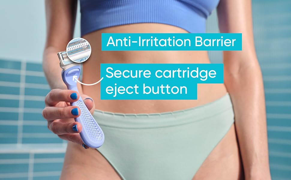 A woman is holding a Venus Pubic Hair &amp;amp; Skin razor. It has a small, curvy grippy handle.