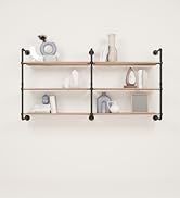 pamo black shelving with oak boards on beige background