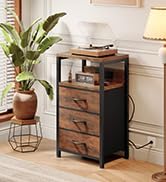 NightStand Bedside Charging Table Bedroom - Modern End Table with Open Shelf &amp; 3 Fabric Drawers, ...