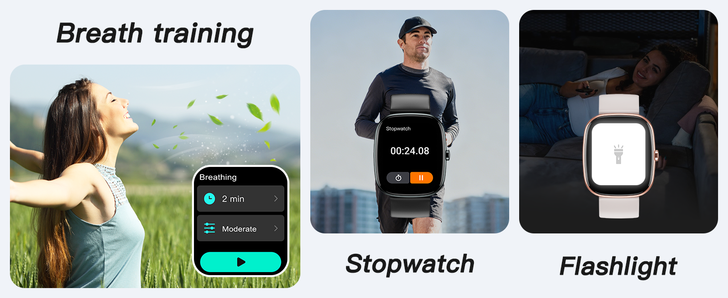 Fitness tracker: breath training, stopwatch, flashlight. For daily mindfulness and timing.