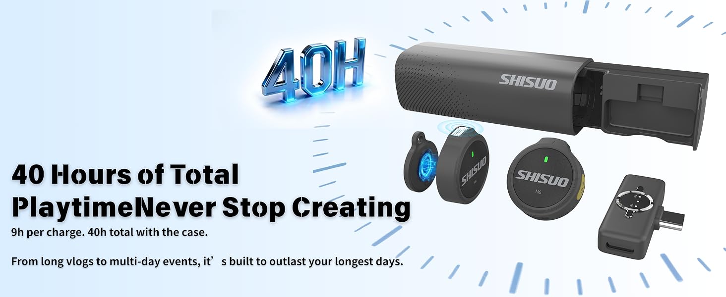 rechargeable wireless lapel microphone charging case 40h long battery life led display screen auto