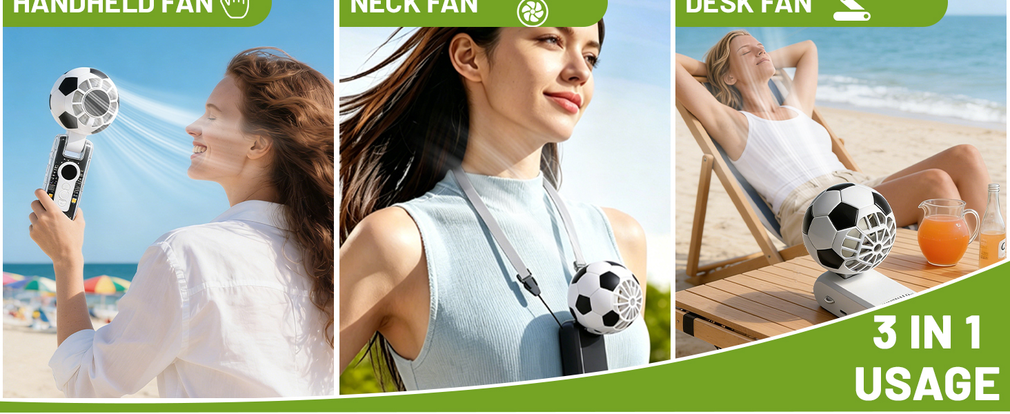 180° foldable design with adjustable lanyard. Use it as a handheld fan, a desk fan, or a neck fan