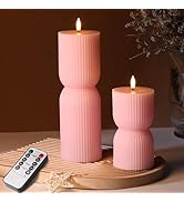 Girimax Pink Ribbed Flameless Pillar Candles with Remote, Flickering LED Candles Battery Operated...