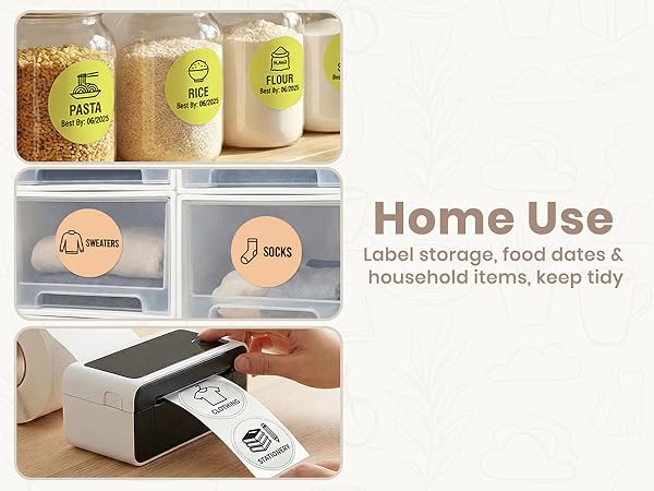 Text reads 'Home Use' and 'Label storage, food dates &amp; household items, keep tidy'. Collection of labeled storage containers and a handheld label maker printing device shown.