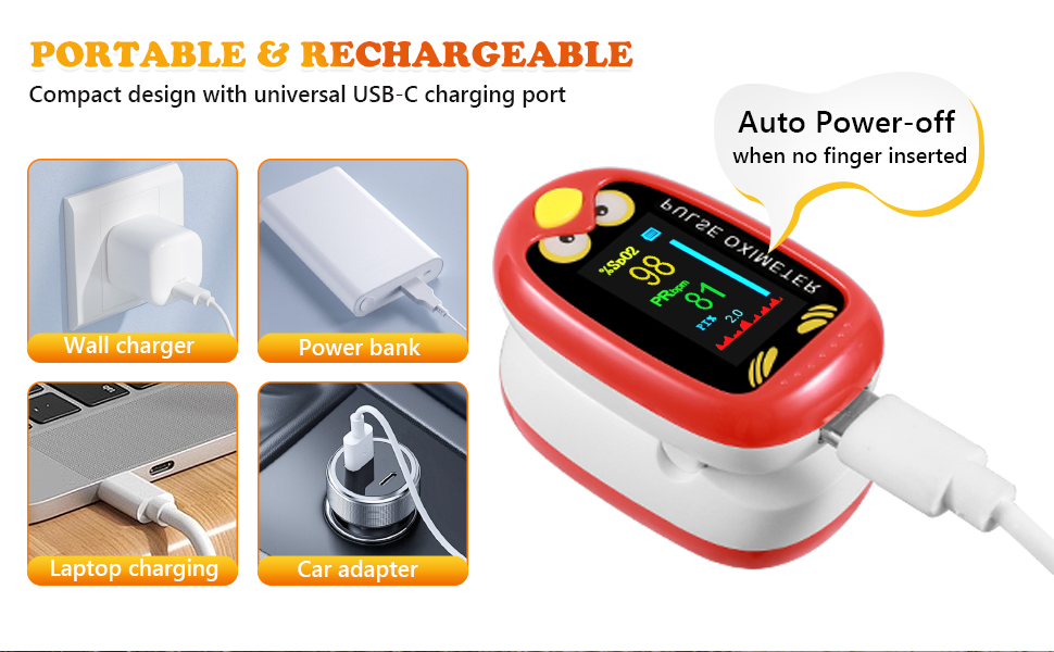 Portable pulse oximeter with red casing, LED display, and USB-C charging capability. Product features include auto power-off and universal charging compatibility.