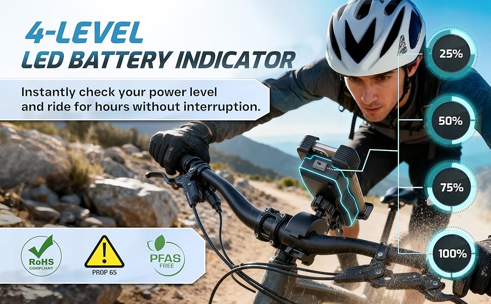 Instantly check your power level and ride for hours without interruption. LED Battery Indicator