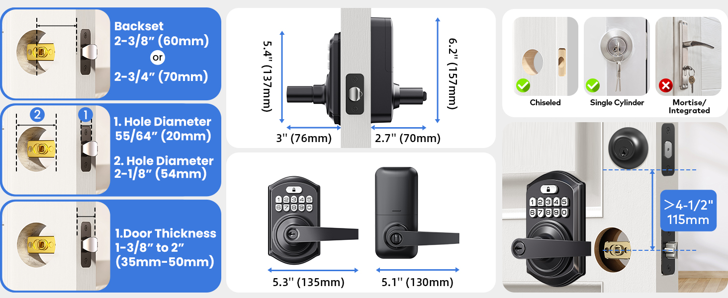 Fits doors 1-3/8?–2? thick, 2-3/8? or 2-3/4? backset, standard 2-1/8? bore holes