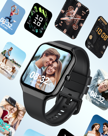 Smartwatch with black band and square face. Multiple screen displays shown, featuring fitness tracking, time, and customizable watch faces.