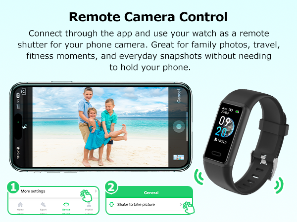 Fitness tracker watch with remote camera control for taking photos and capturing moments easily