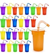 WRINGKIT 24 Pcs Plastic Party Cups with Lids and Straws, 12 Oz Colorful Neon Sipper Cup, Leak Pro...