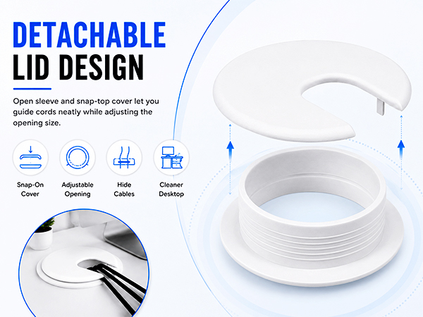 Detachable lid white desk cable grommet with adjustable cord opening