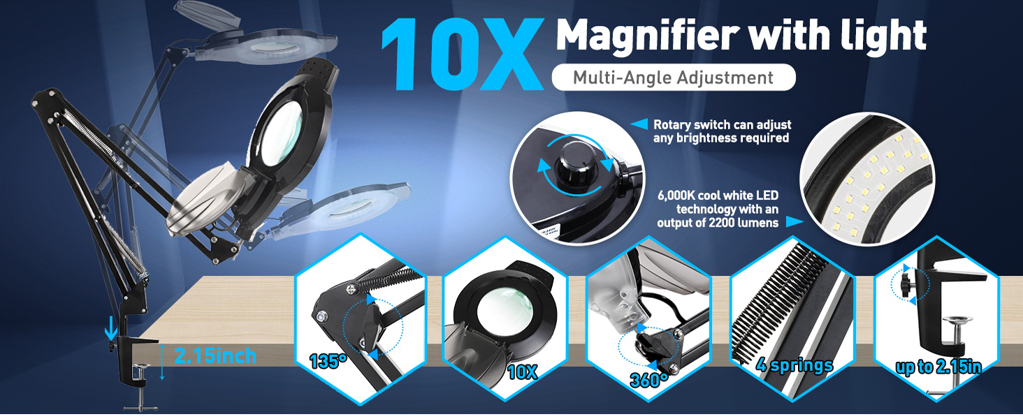 10X Magnifying Glass with Light and Clamp