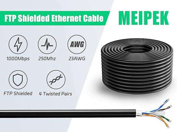 MEIPEK FTP Shielded Ethernet Cable. Features: 1000Mbps, 250MHz, 23AWG, FTP Shielded, 4 Twisted Pairs. Black cable spool and cross-section shown.