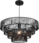 20" Boho Woven Pendant Light Fixture, Farmhouse Black Hanging Light Retro 4-Tier Drum Wicker Chan...