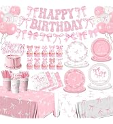 Pink Bow Birthday Party Supplies Serve 24, Coquette Birthday Decorations Include Bow Plates Napki...