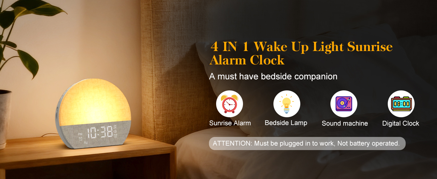 Text reads '4 IN 1 Wake Up Light Sunrise Alarm Clock' and 'It must have become companion'. Round glowing yellow light alarm clock shown with four function icons: FM Radio, Snooze, Bedside Lamp, Sleep Timer.