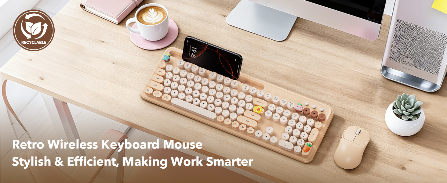 Milk Tea Beige Wireless Keyboard and Mouse with Large Phone Holder