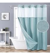 eachope Teal No Hook Shower Curtain with Snap-in Fabric Liner Set,Slub Textured Fabric Shower Cur...