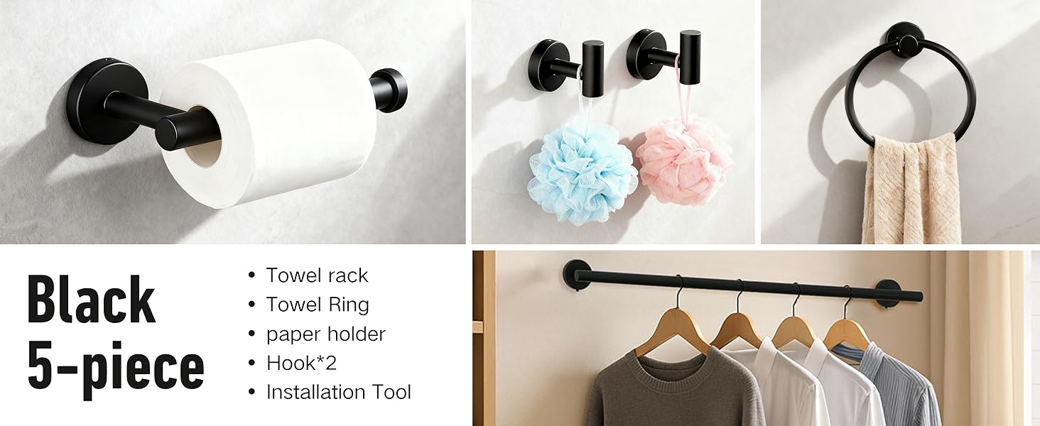Wall-mounted towel rack, including towel rack, towel rings, hooks, and toilet paper holder
