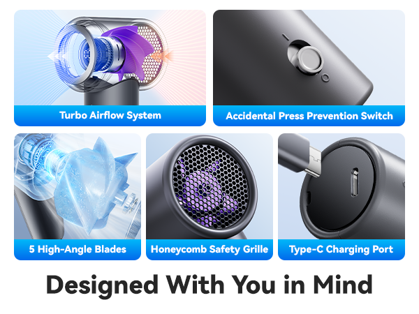 Turbo Airflow System, 5 High-Angle Blades, Honeycomb Safety Grille, Type-C Charging Port