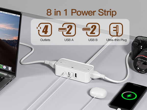 Power strip surge protector with usb ports extension cord flat wall plug