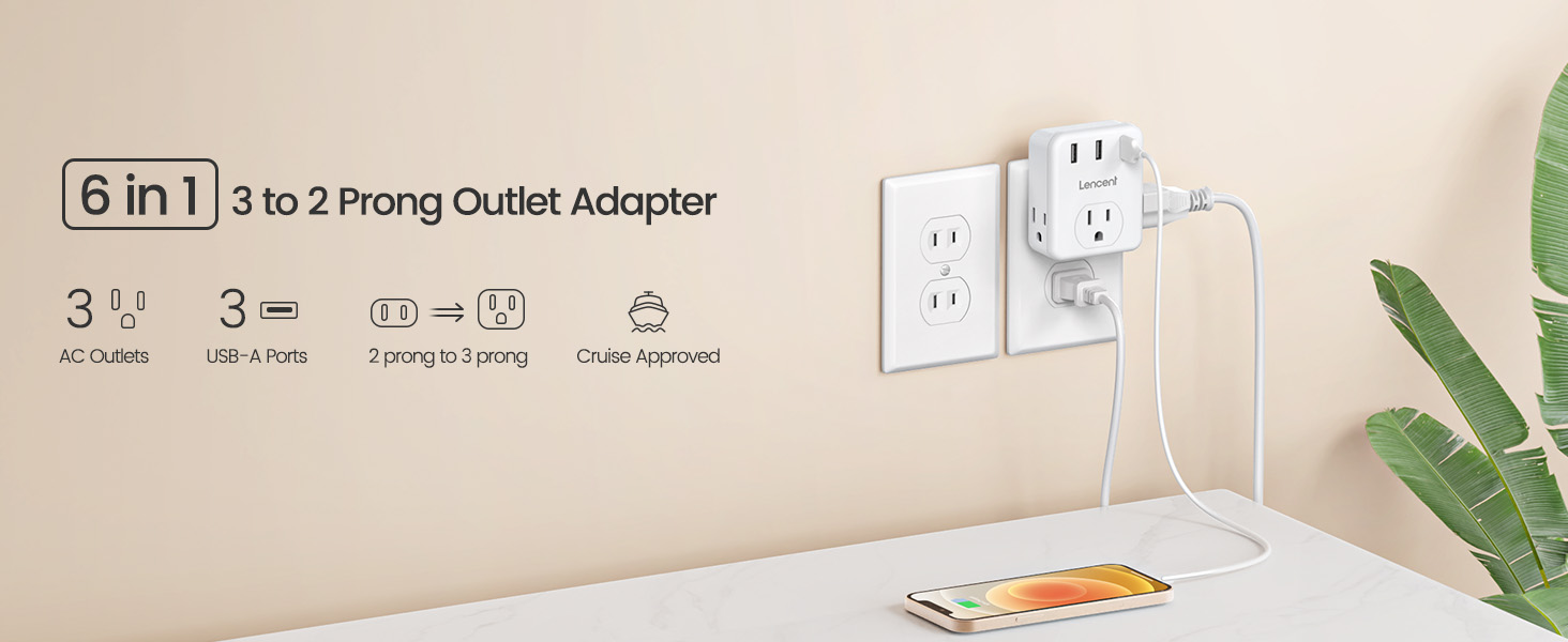 6 in 1 3 to 2 Prong Outlet Adapter