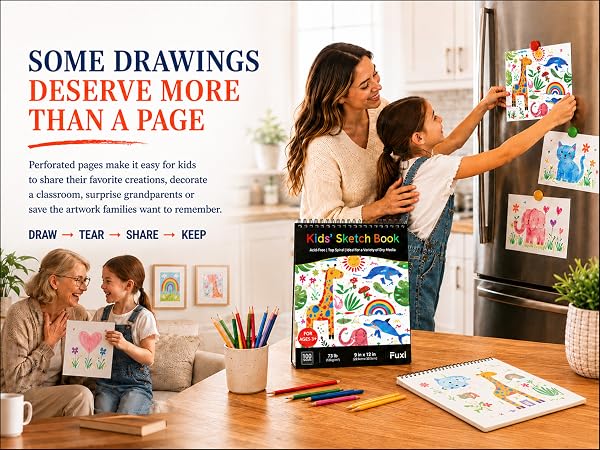 Fuxi kids sketch pad with perforated 9 x 12 pages for drawing, sharing, display and keepsakes.