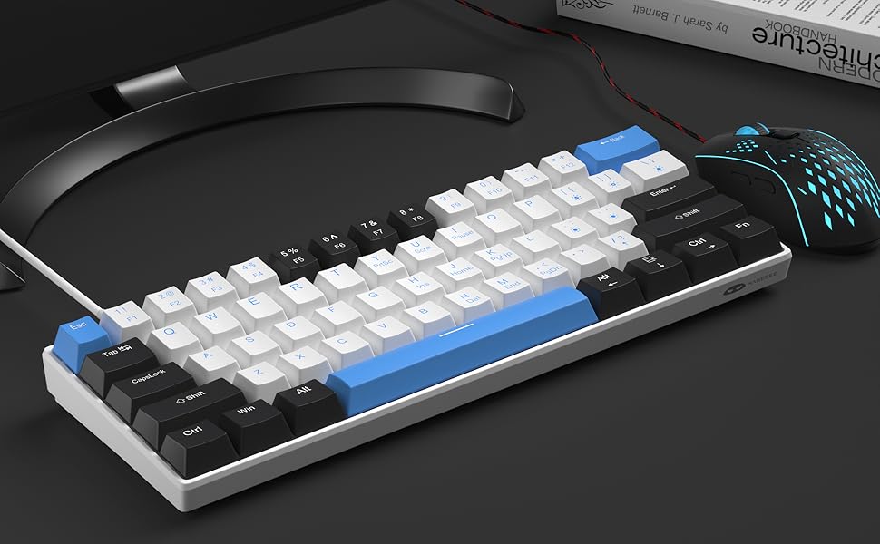 portable 60% mechanical brown switch gaming keyboard with blue backlit
