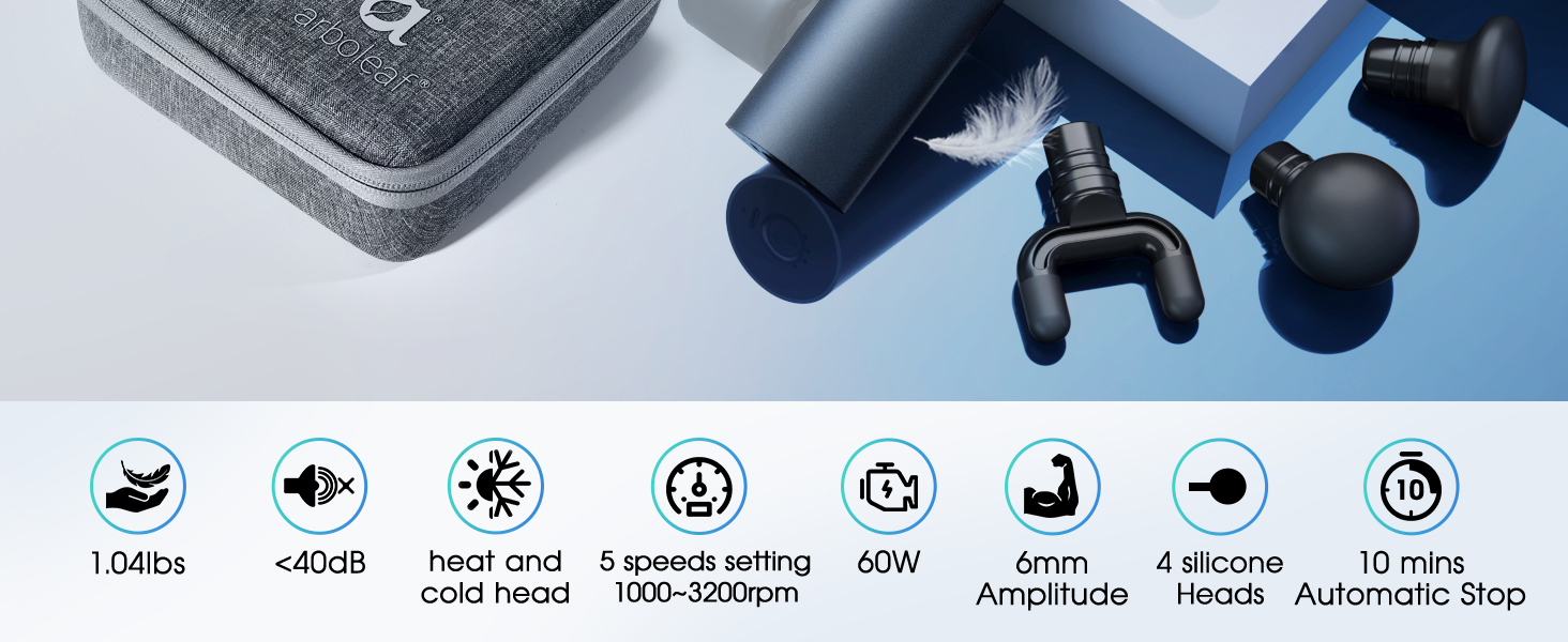 Arboleaf logo with mini massage gun and case shown in a clean layout