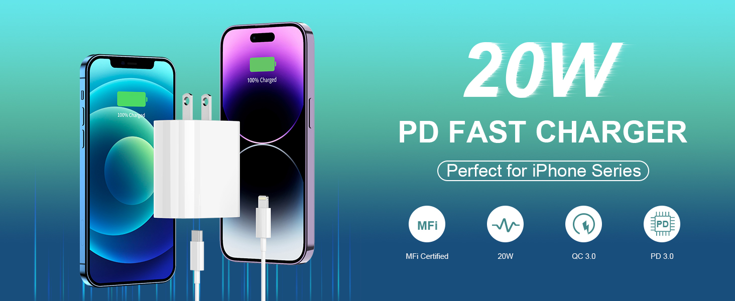20W USB C iPhone charger fast charging block for iPhone 14 13 12 11 pro max 10ft lighting cable