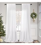 White Linen Curtains 84 Inch Length for Living Room 2 Panel Back Tab Loop Pocket Drape Cotton Tex...